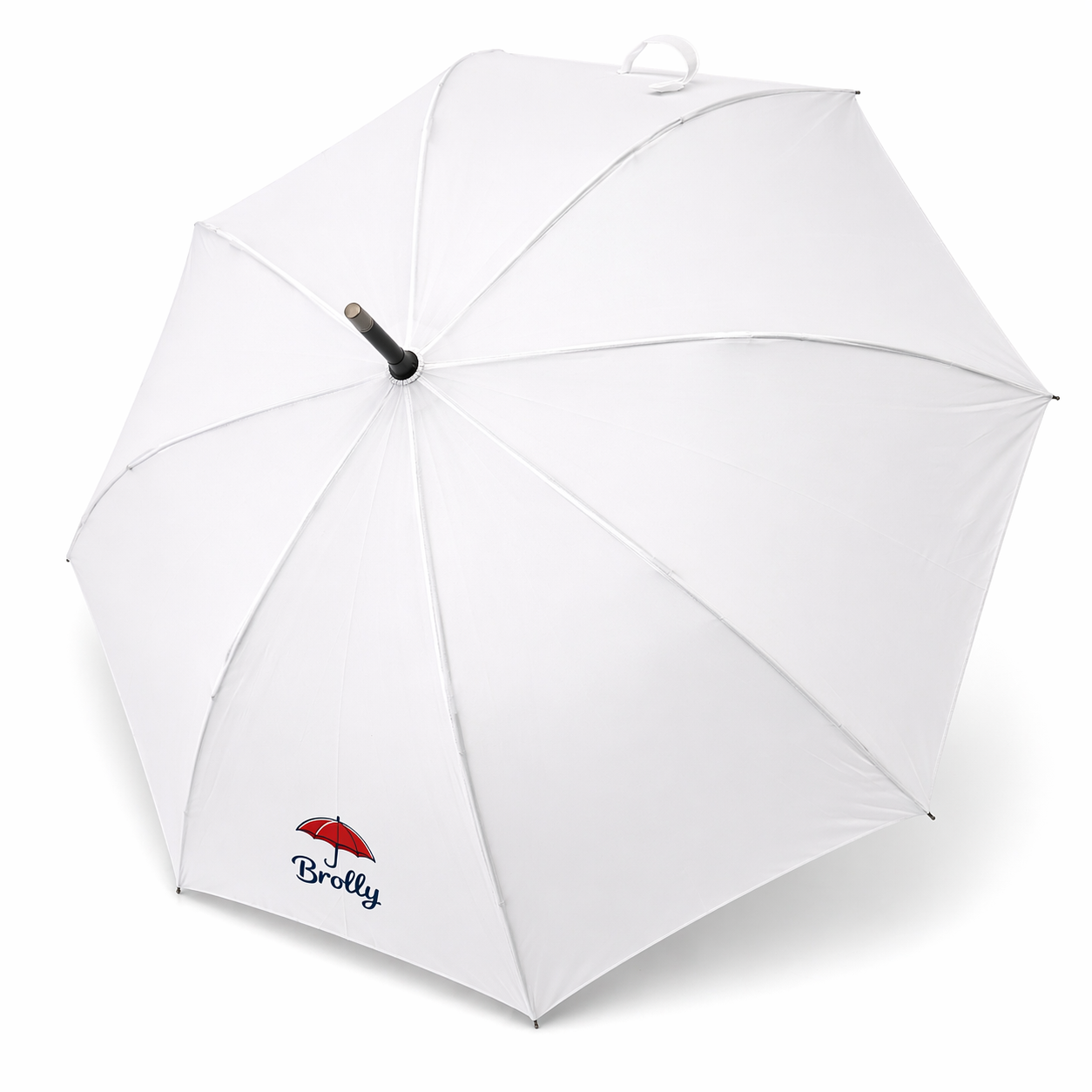 White umbrella with a brand logo on a white background