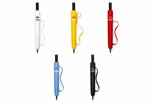Set of six colorful pens with unique designs on a white background