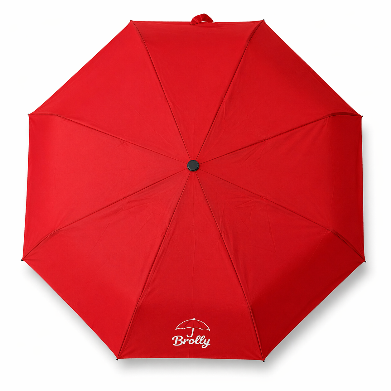 Red umbrella with 'Brolly' logo on a white background