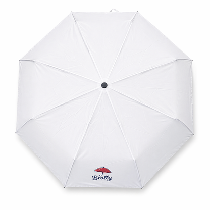 White umbrella with 'Brolly' logo on a white background