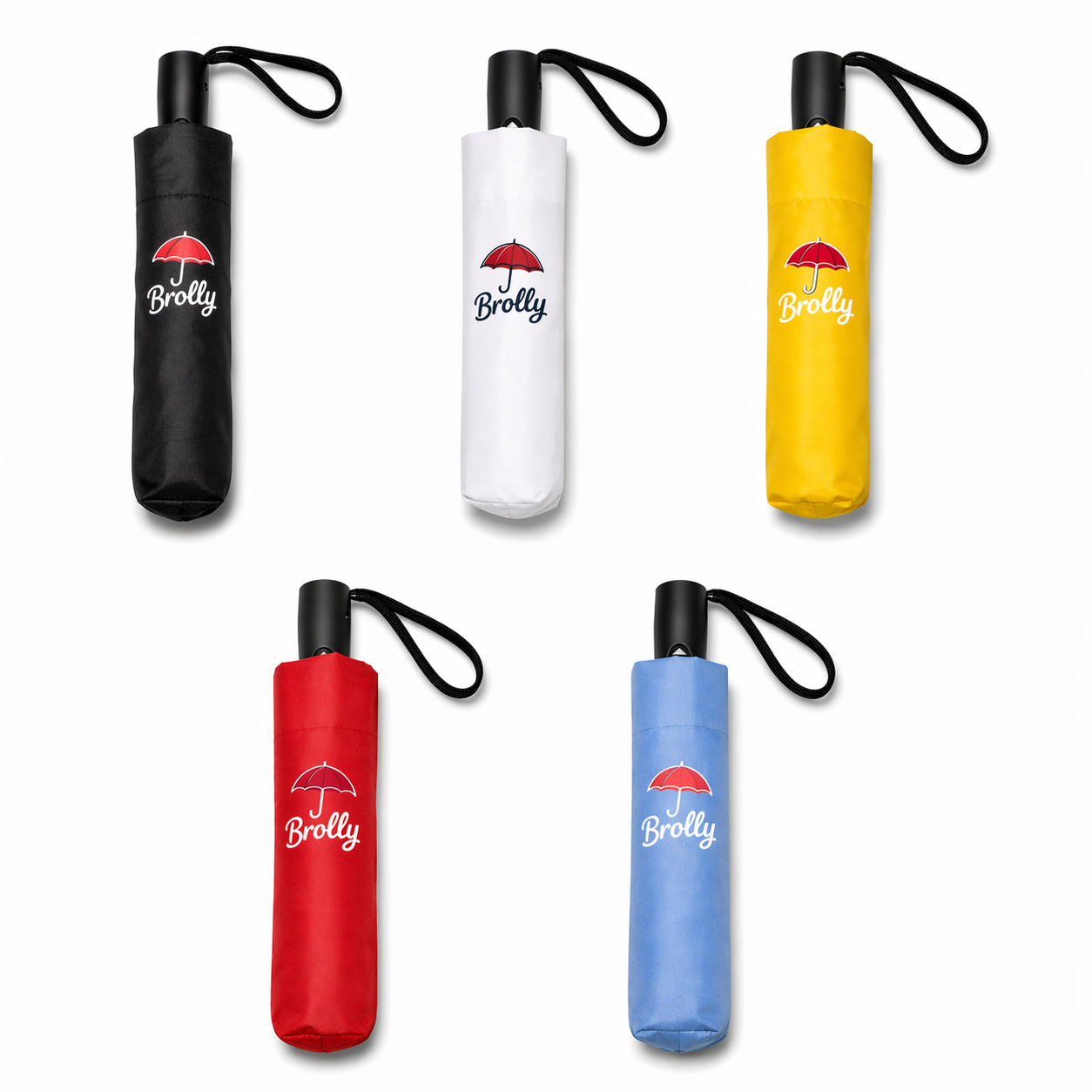 Set of five compact umbrellas in black, white, yellow, red and blue with 'Brolly' branding on a white background.