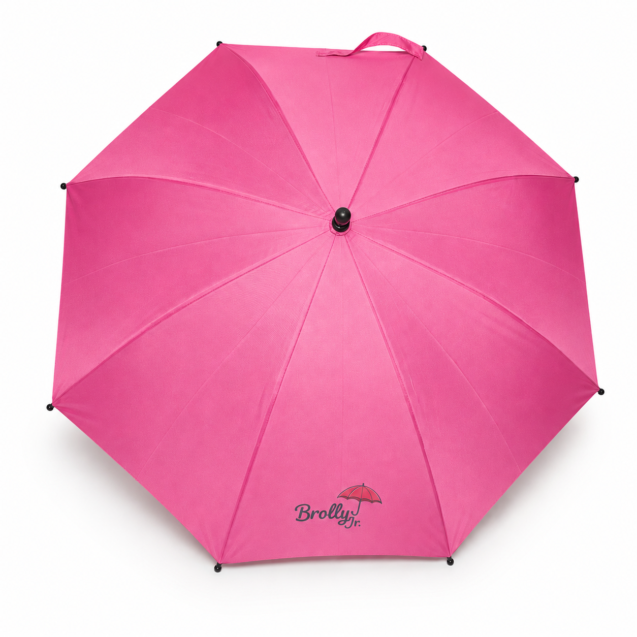 Pink umbrella with 'Brolly Jr.' branding on a white background