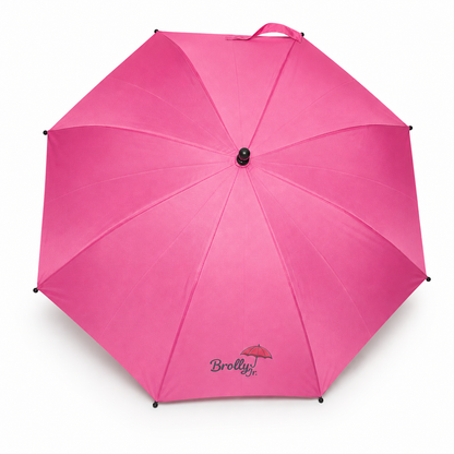 Pink umbrella with 'Brolly Jr.' branding on a white background