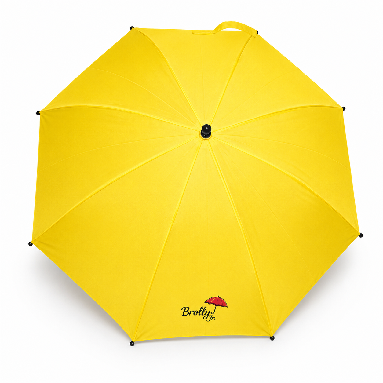 Yellow umbrella with a brand logo on a white background