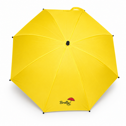 Yellow umbrella with a brand logo on a white background