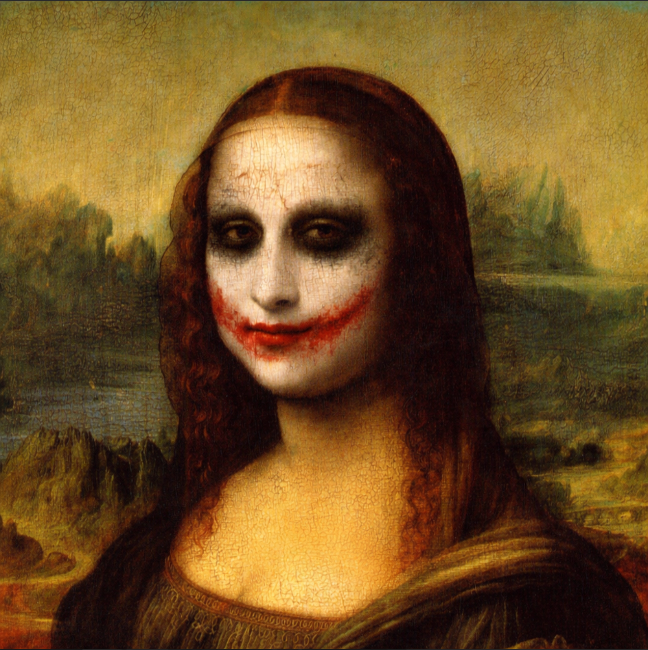 Mona Lisa with a joker-like makeup and red lipstick on a textured background Umbrella art